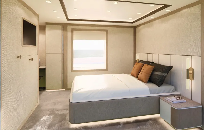  Yacht Photos Pics Luxurious bedroom interior in 2027 ISA Sportiva 66 yacht, featuring modern design and elegant furnishings.