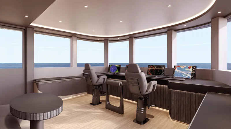  Yacht Photos Pics Modern yacht bridge interior of ISA Sportiva 66, 2027, with panoramic ocean views.