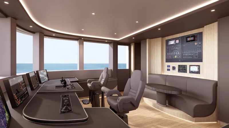 Yacht Photos Pics Bridge interior of 2027 ISA Sportiva 66 yacht with modern control panels and ocean view.