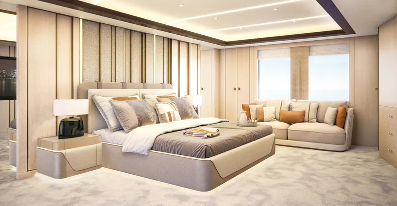  Yacht Photos Pics Luxurious bedroom interior on ISA Sportiva 66 yacht, 2027 model, featuring elegant decor and plush furnishings.