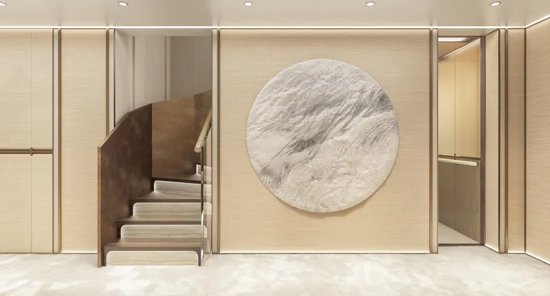  Yacht Photos Pics Luxurious interior of ISA Sportiva 66 yacht, featuring elegant staircase and circular wall art, 2027 model.