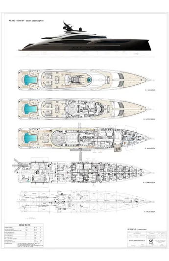  Yacht Photos Pics Blueprint of 2027 ISA Sportiva 66 yacht, showcasing detailed deck layouts and side profile.