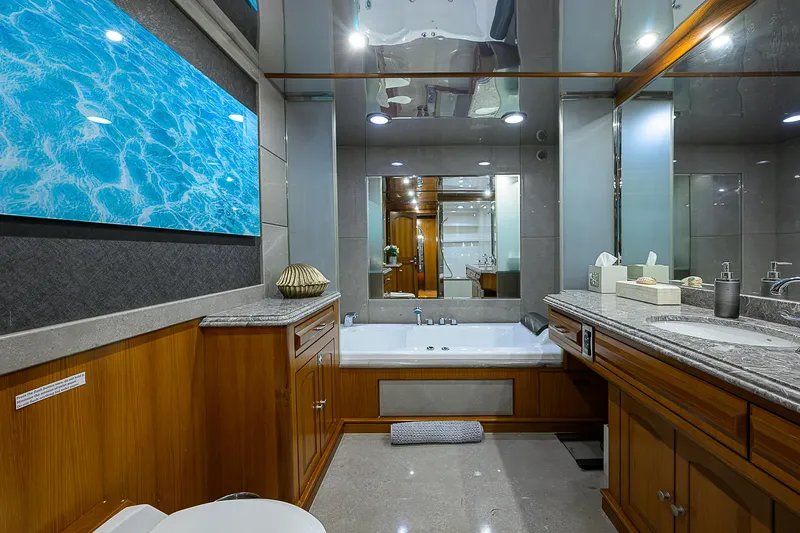 Scott Free Yacht Photos Pics Luxurious bathroom in 2008 President Tri-Deck yacht with elegant wood cabinetry and modern fixtures.