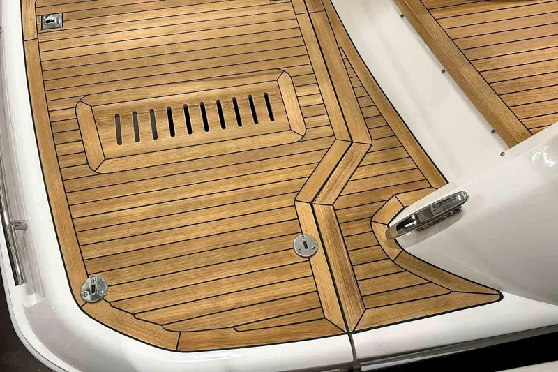 F45021 Yacht Photos Pics Teak deck of 2021 Princess F45 yacht, showcasing elegant wood finish and sleek design.