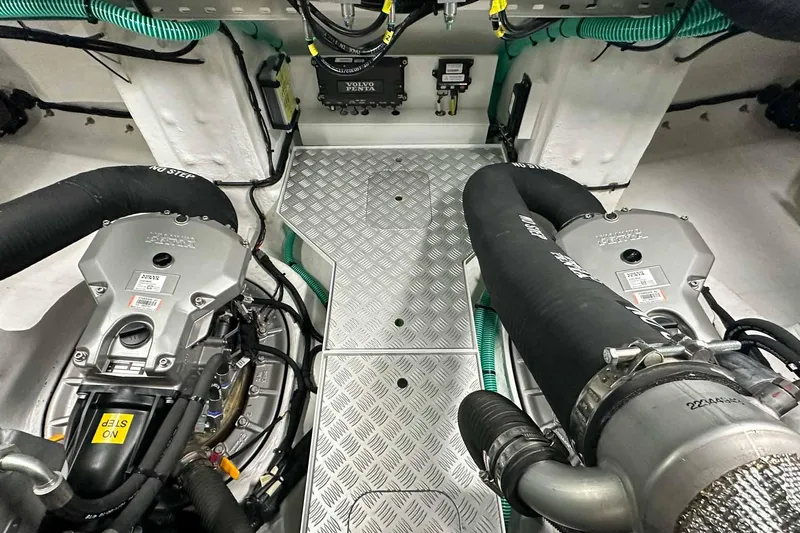 F45021 Yacht Photos Pics Engine room of a 2021 Princess F45 yacht with Volvo Penta engines.