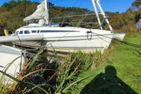 2002 Dragonfly 920 sailboat moored on grassy riverbank with lush greenery.