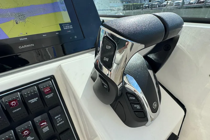  Yacht Photos Pics Control panel of 2022 Pursuit DC 266 Dual Console boat with Garmin display.
