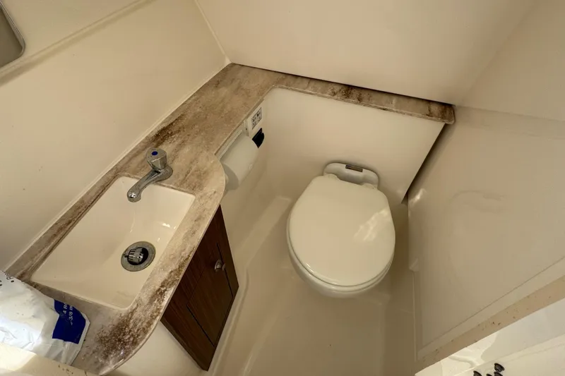  Yacht Photos Pics 2022 Pursuit DC 266 Dual Console boat bathroom with sink and toilet.