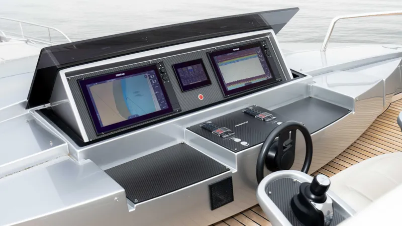Stallion Yacht Photos Pics Pershing 9X 2022 yacht dashboard with advanced navigation systems and controls.