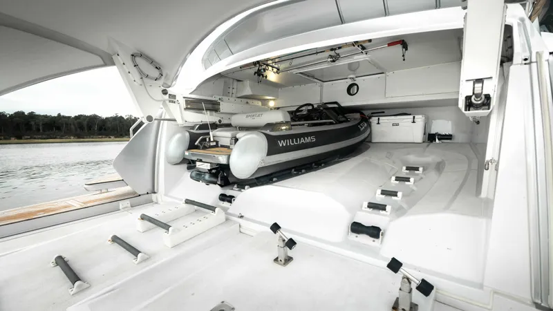 Stallion Yacht Photos Pics Pershing 9X 2022 yacht with Williams tender in garage.