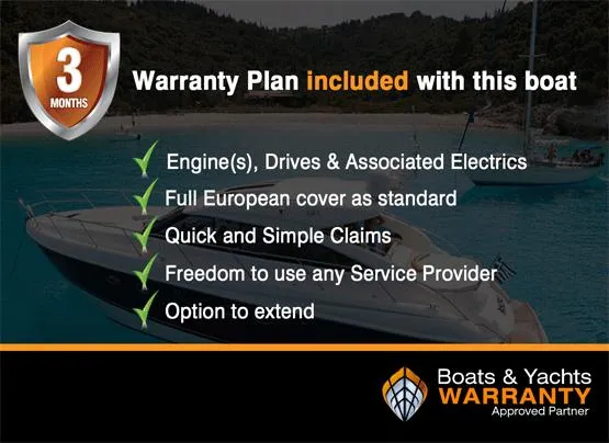 Huge Specifications Yacht Photos Pics 3-month warranty plan included with Galeon 405 HTS boat, featuring European cover and service flexibility.