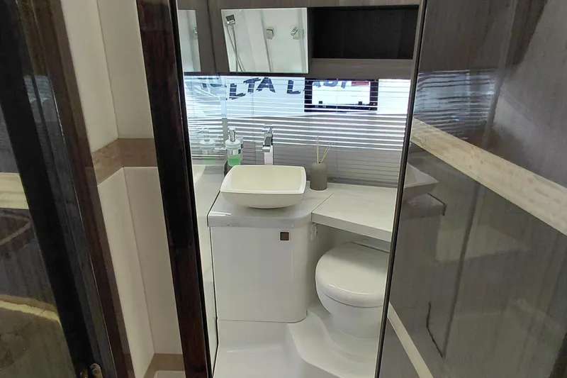 Huge Specifications Yacht Photos Pics Modern bathroom interior on 2023 Galeon 405 HTS yacht, featuring sleek fixtures and elegant design.