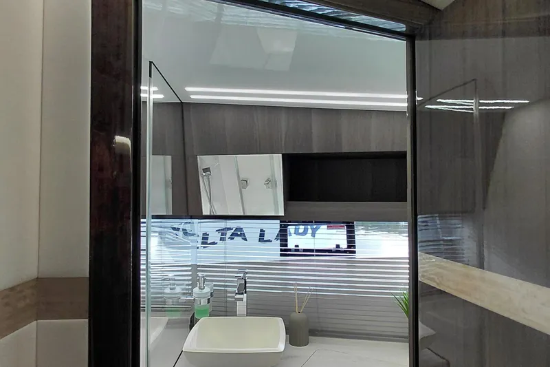 Huge Specifications Yacht Photos Pics Modern bathroom interior of 2023 Galeon 405 HTS yacht, featuring sleek design and fixtures.