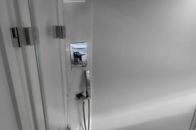 Huge Specifications Yacht Photos Pics Modern shower controls in 2023 Galeon 405 HTS yacht bathroom.