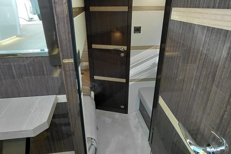 Huge Specifications Yacht Photos Pics Interior of 2023 Galeon 405 HTS yacht with modern wood finish and sleek design.