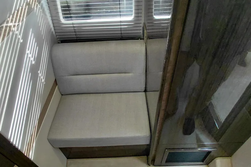 Huge Specifications Yacht Photos Pics Interior seating area of 2023 Galeon 405 HTS yacht with modern design.