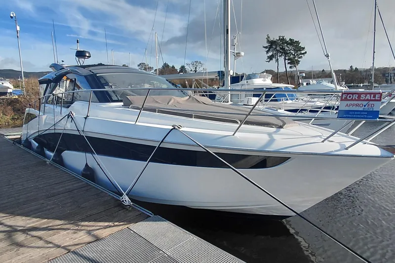 Huge Specifications Yacht Photos Pics 2023 Galeon 405 HTS yacht docked, for sale sign visible.