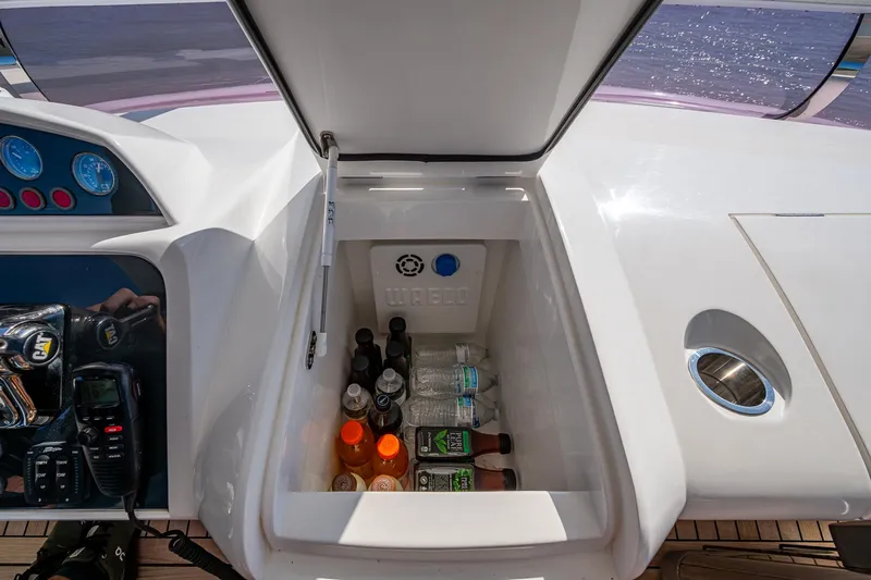 No Vacansea Yacht Photos Pics Open cooler with drinks on 2016 Princess Flybridge 64 Motor Yacht deck.