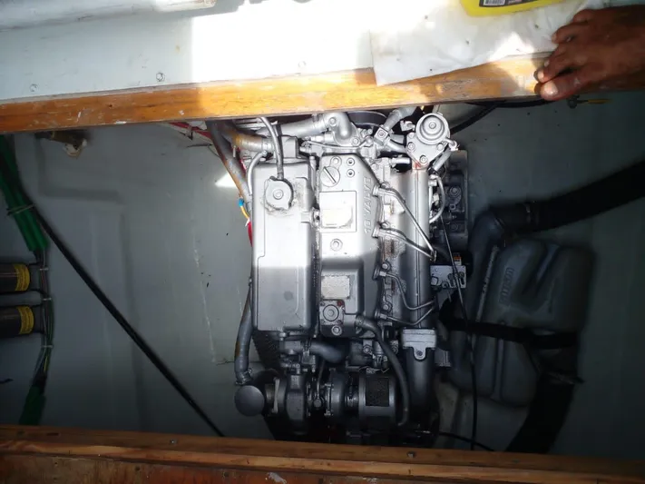 Sandstar Yacht Photos Pics Engine compartment of 2009 Lagoon 500 catamaran, showcasing mechanical components.