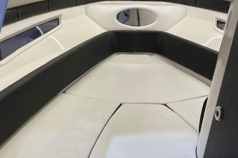  Yacht Photos Pics Interior of 2025 Hanover 305 boat with sleek seating and modern design.