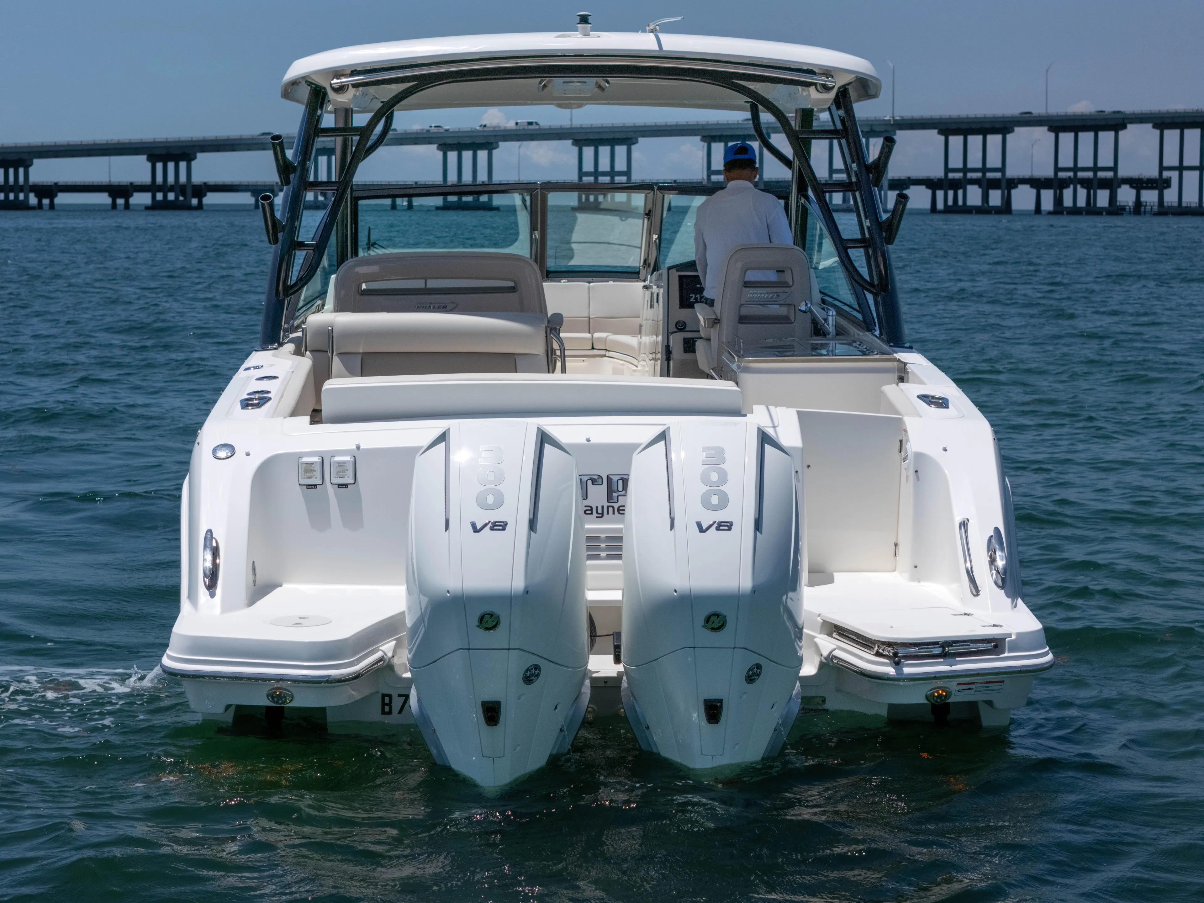  Yacht Photos Pics 2024 Boston Whaler 325 Vantage boat with dual engines on open water.