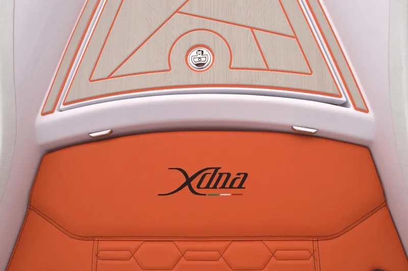  Yacht Photos Pics Orange DNA 46 boat interior with logo, featuring modern design elements, 2025 model.