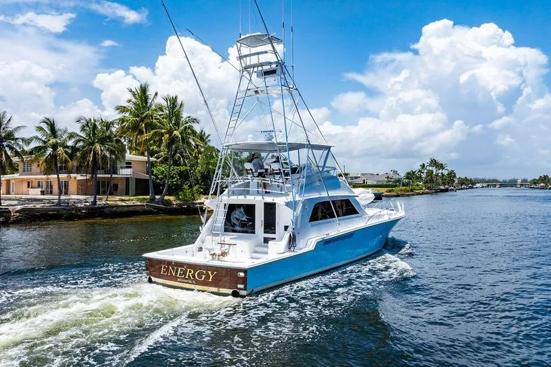 Energy Yacht Photos Pics 1998 Bertram Convertible yacht cruising on a sunny day near palm-lined shore.