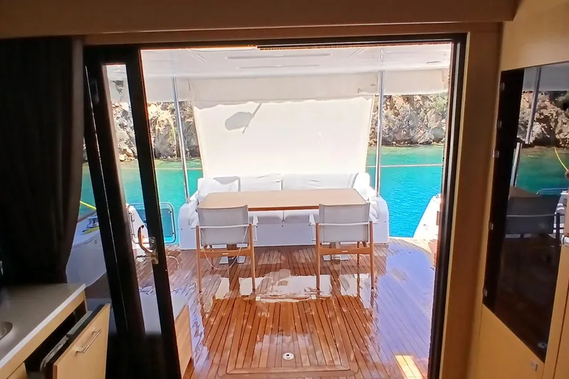  Yacht Photos Pics Luxurious 2022 Sirena 58 yacht interior with elegant wooden deck and scenic ocean view.