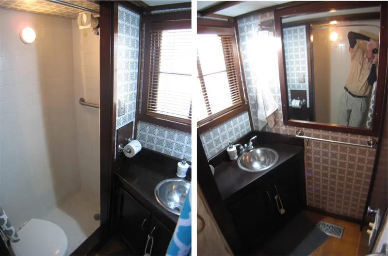 Resolute Yacht Photos Pics Compact bathroom in 1987 Custom Pilgrim Tribute, featuring shower, sink, and mirror.