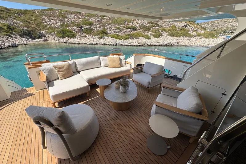  Yacht Photos Pics Luxurious Falcon 90 yacht deck with elegant seating, overlooking serene turquoise waters, 2011 model.