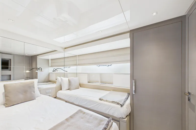  Yacht Photos Pics Luxurious 2018 Sanlorenzo SL86 yacht bedroom with modern twin beds and elegant decor.