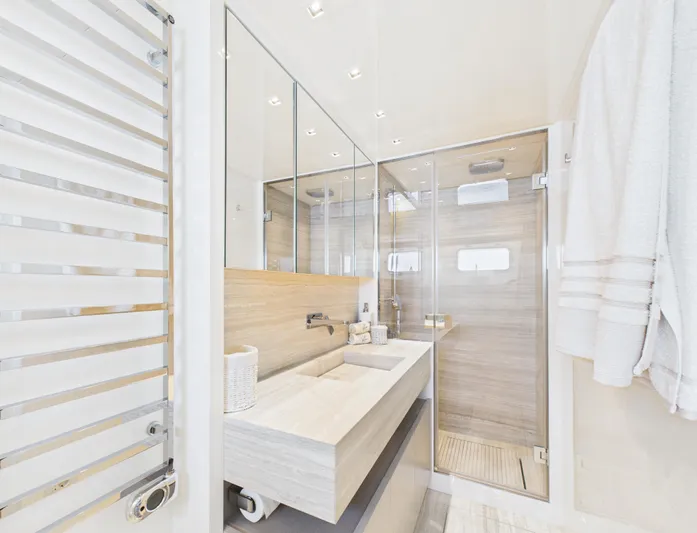  Yacht Photos Pics Luxurious bathroom on 2018 Sanlorenzo SL86 yacht with modern fixtures and elegant design.