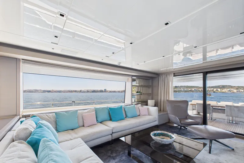  Yacht Photos Pics Luxurious interior of 2018 Sanlorenzo SL86 yacht with panoramic ocean view.