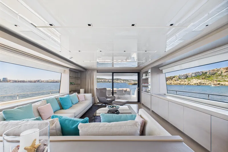  Yacht Photos Pics Luxurious interior of 2018 Sanlorenzo SL86 yacht with panoramic ocean views and elegant seating.