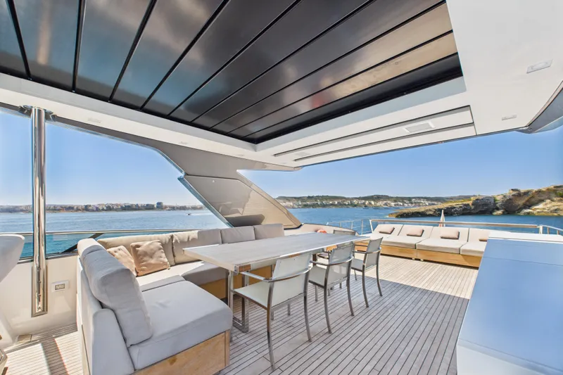  Yacht Photos Pics Luxurious 2018 Sanlorenzo SL86 yacht deck with elegant seating and ocean view.