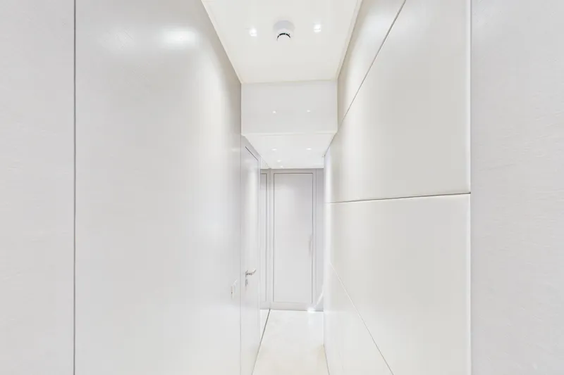  Yacht Photos Pics Bright, modern hallway interior of 2018 Sanlorenzo SL86 yacht.