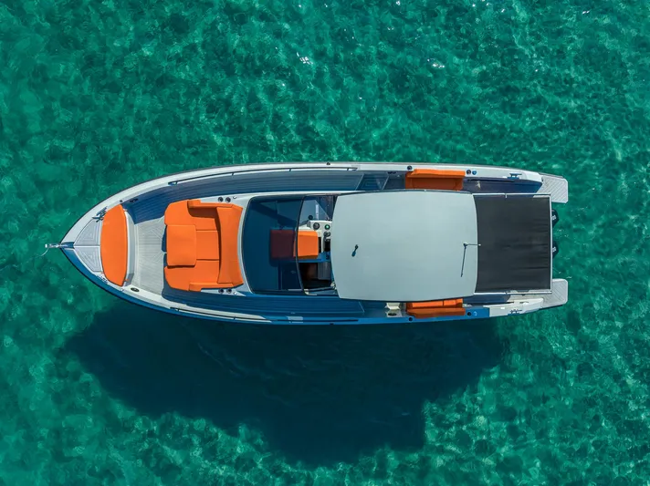  Yacht Photos Pics 2024 Rio Yachts Daytona 35 on clear turquoise water, aerial view.
