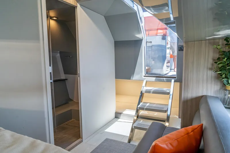  Yacht Photos Pics 2024 Rio Yachts Daytona 35 interior with modern design and sleek staircase.