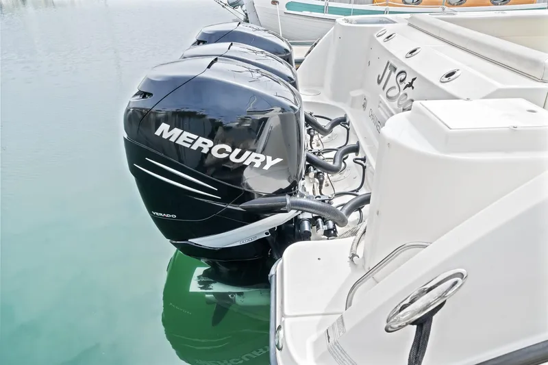  Yacht Photos Pics 2017 Boston Whaler 345 Conquest Pilothouse with twin Mercury outboard engines.
