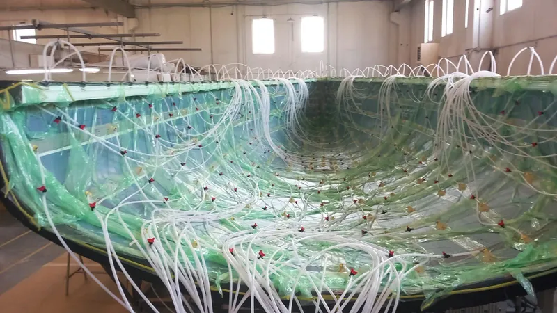  Yacht Photos Pics Hull construction of 2026 Ice Yachts 70, featuring intricate tubing and green sheeting.