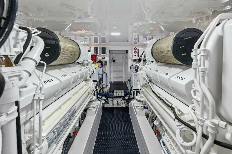 Galati Yacht Sales Trade Yacht Photos Pics Engine room of 2025 Viking 58 Convertible yacht, featuring dual MTU engines.