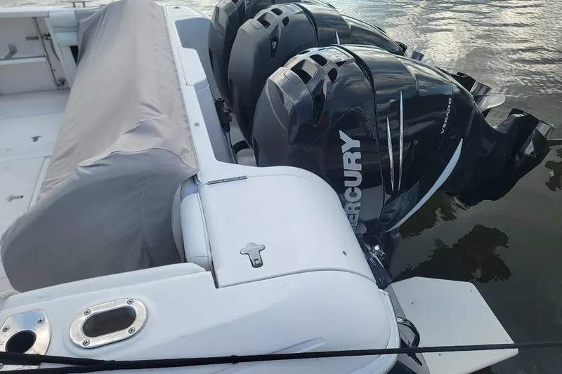  Yacht Photos Pics 2010 Intrepid 39 Kevlar Hull yacht with Mercury outboard engines on water.