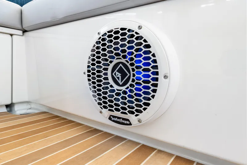  Yacht Photos Pics 2024 Beneteau Gran Turismo 45 boat speaker with blue LED lighting on deck.