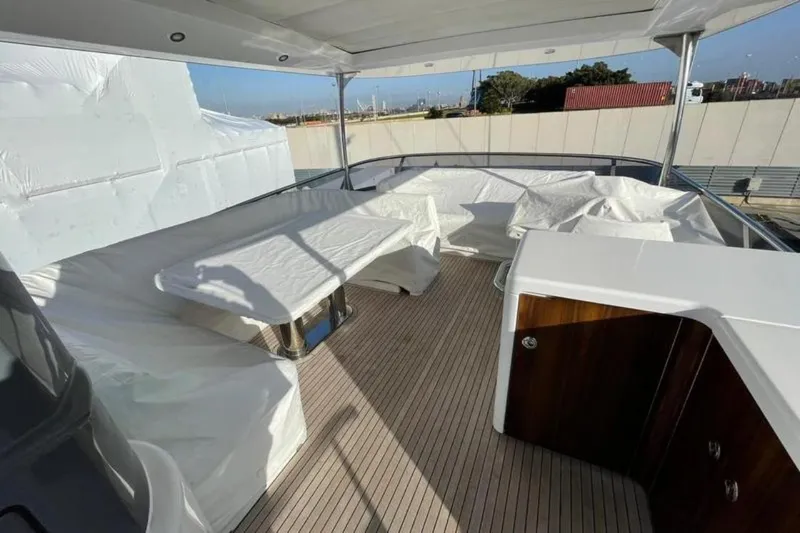  Yacht Photos Pics Luxurious 2019 Azimut Magellano 66 yacht deck with covered seating area.