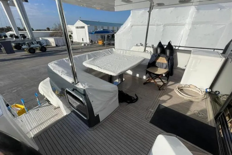  Yacht Photos Pics Azimut Magellano 66 yacht deck with seating area, table, and outdoor equipment, 2019 model.