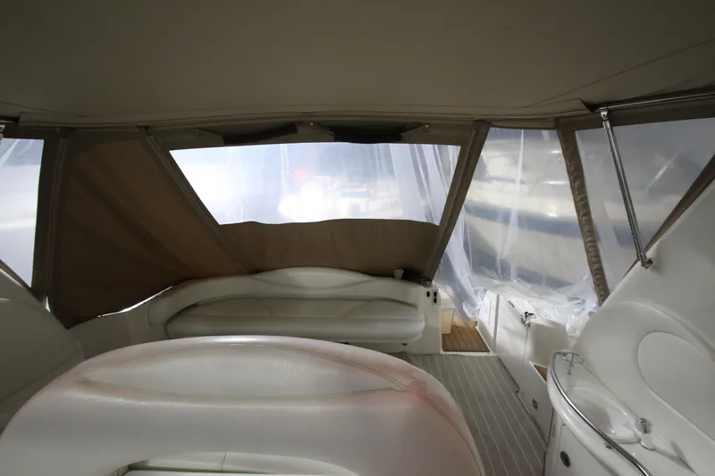  Yacht Photos Pics Interior view of 2000 Sea Ray 410 Sundancer yacht with seating and canopy.