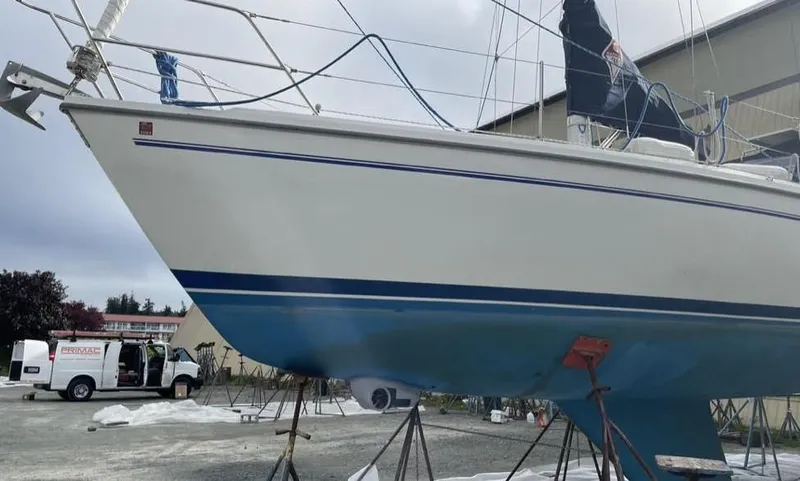 Bluebird Yacht Photos Pics 2002 Catalina 36 MkII sailboat on stands, with blue hull and white deck.