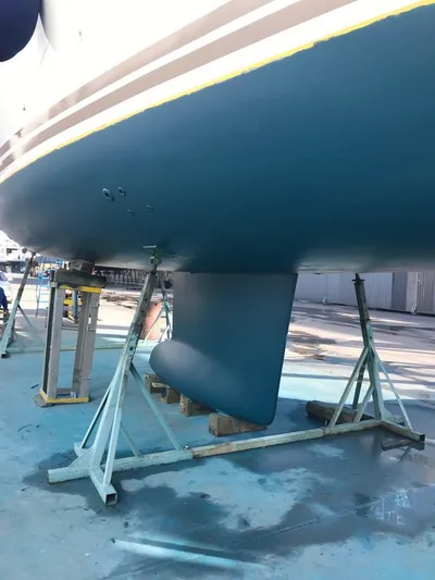  Yacht Photos Pics 2015 Jeanneau 57 yacht hull and keel on stands in a shipyard.