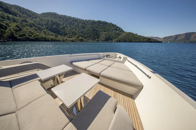  Yacht Photos Pics Luxurious 2023 Sanlorenzo SX76 yacht deck with scenic water and mountain views.