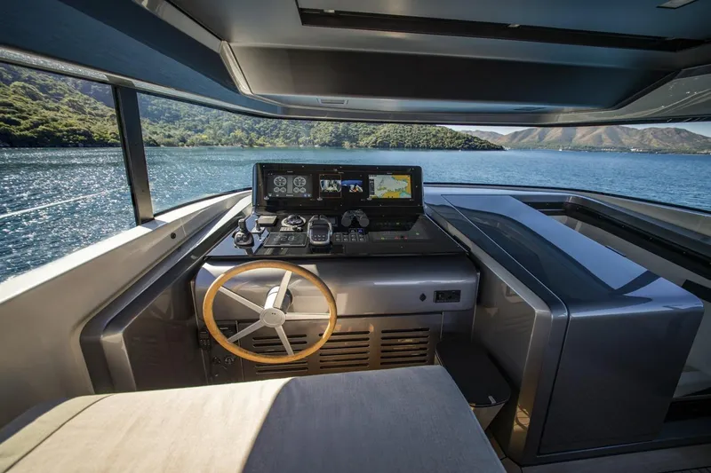  Yacht Photos Pics Pilothouse of 2023 Sanlorenzo SX76 yacht with scenic water view.